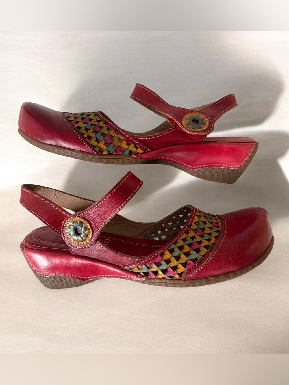 L’ARTISTE Red Mary Jane Slingback Shoes with Multicolor Heart Weave Size 38